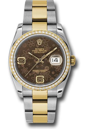 Rolex Steel and Yellow Gold Rolesor Datejust 36 Watch - 52 Diamond Bezel - Brown Floral Arabic Dial - Oyster Bracelet - 116243 brfao