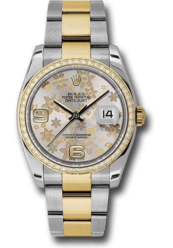 Rolex Steel and Yellow Gold Rolesor Datejust 36 Watch - 52 Diamond Bezel - Silver Floral Arabic Dial - Oyster Bracelet - 116243 sfao