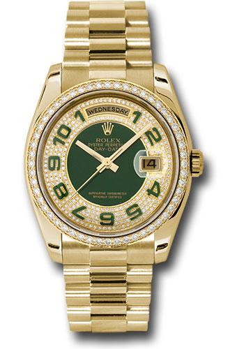 Rolex Yellow Gold Day-Date 36 Watch - Bezel - Pave Edge Green Dial - President Bracelet - 118348 pgap