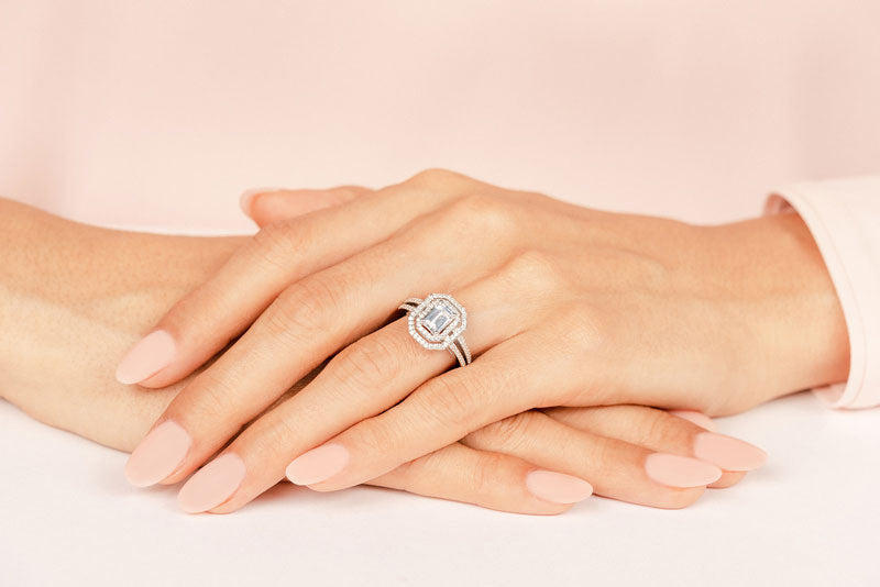Modern Emerald Cut Double Halo Ring Lab-Grown Diamond with 1.21 ct. (0.70 ct. center diamond)
