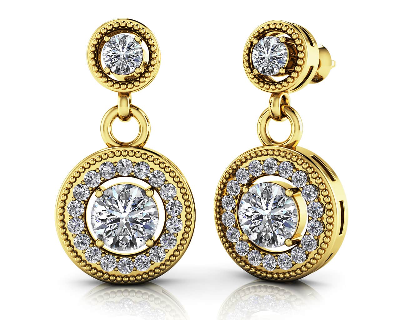 Round Colored Stone Drop Diamond Earrings with 1.90 ct.(finished) 1.3mm, 3.2mm, 5.5mm