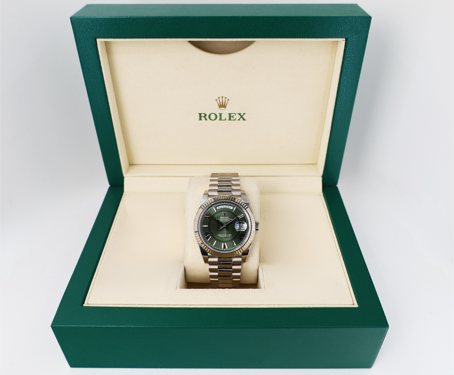 Rolex White Gold Day-Date 40 Watch - Fluted Bezel - Olive Green Bevelled Roman Dial - President Bracelet - 228239 ogrp