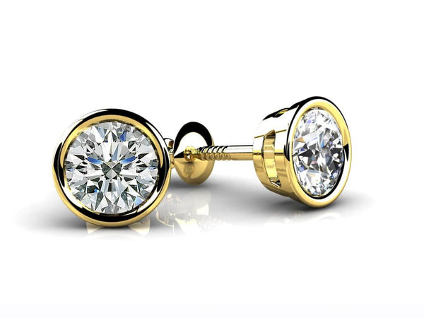 14K cheapest Gold Bezel Set Round Diamond Stud Earrings