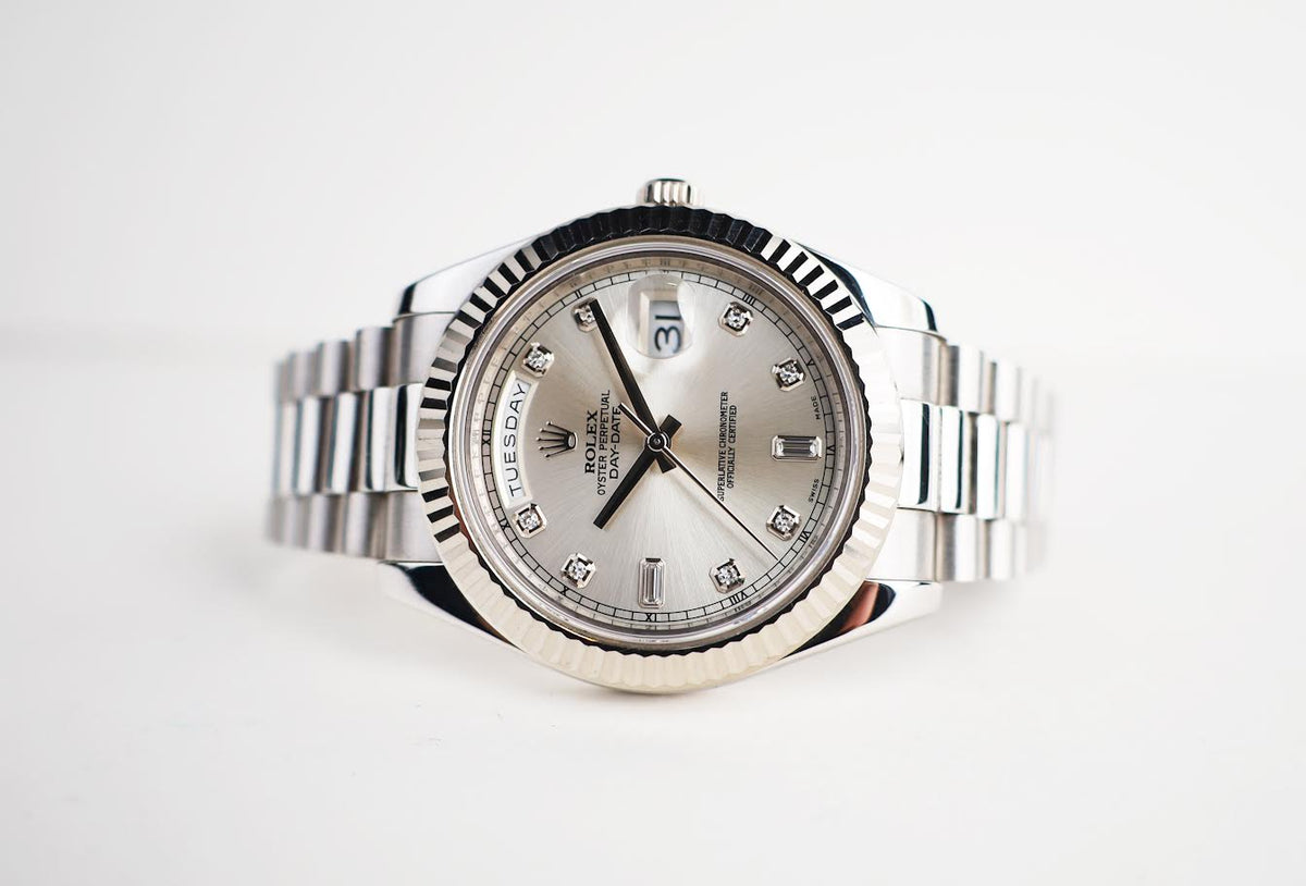 Rolex Day-Date 41mm White Gold Silver Diamond Dial Fluted