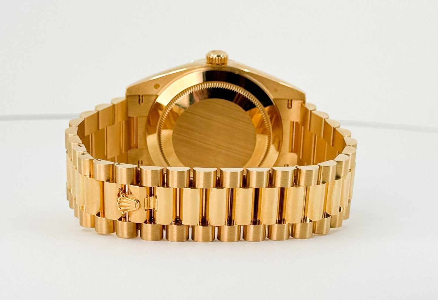 Rolex Day-Date 40 Yellow Gold Silver Roman Dial & Fluted Bezel President Bracelet 228238 - Luxury Time NYC