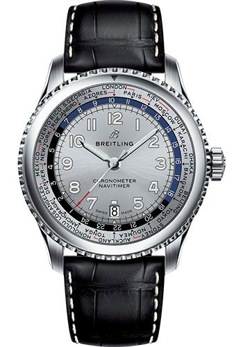 Breitling Aviator 8 B35 Automatic Unitime 43 Watch - Steel Case - Mercury Silver Dial - Black Croco Strap - AB3521U01G1P2 - Luxury Time NYC