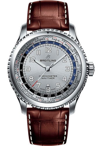 Breitling Aviator 8 B35 Automatic Unitime 43 Watch - Steel Case - Mercury Silver Dial - Brown Croco Strap - AB3521U01G1P1 - Luxury Time NYC