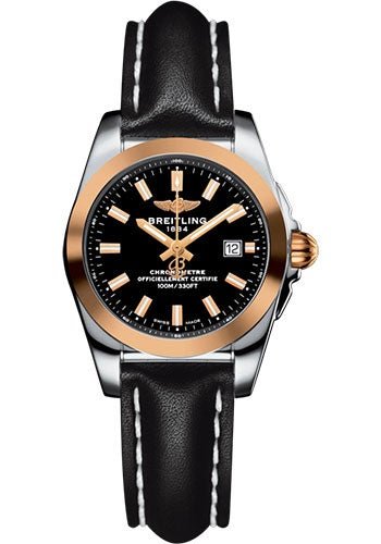 Breitling Galactic 29 Sleek Watch - Steel & rose Gold - Trophy Black Dial - Black Leather Strap - Tang Buckle - C7234812/BF32/477X/A12BA.1 - Luxury Time NYC
