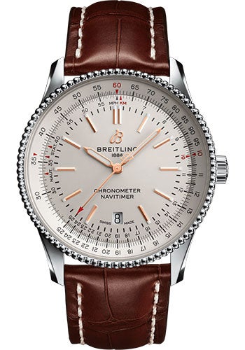 Breitling Navitimer Automatic 41 Watch - Steel - Silver Dial - Brown Croco Strap - Tang Buckle - A17326211G1P1 - Luxury Time NYC