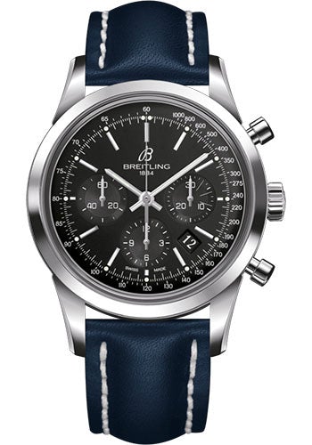 Breitling Transocean Chronograph Watch - Steel - Black Dial - Blue Leather Strap - Folding Buckle - AB015212/BA99/112X/A20D.1 - Luxury Time NYC