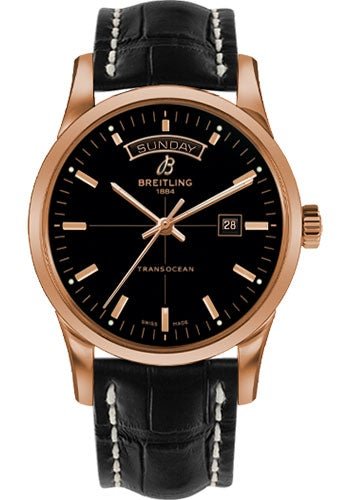 Breitling Transocean Day & Date Watch - 43mm Red Gold Case - Black Dial - Black Croco Strap - R4531012/BB70/744P/R20D.1 - Luxury Time NYC