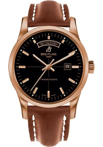 Breitling Transocean Day & Date Watch - 43mm Red Gold Case - Black Dial - Gold Leather Strap - R4531012/BB70/434X/R20D.1 - Luxury Time NYC