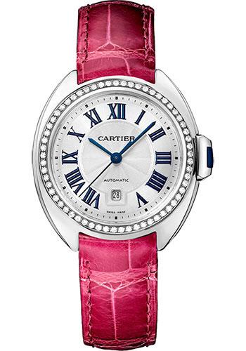 Cartier Cle De Cartier Watch - 31 mm White Gold Diamond Case - Diamond Bezel - Silver Dial - Fuchsia Pink Alligator Strap - WJCL0015 - Luxury Time NYC
