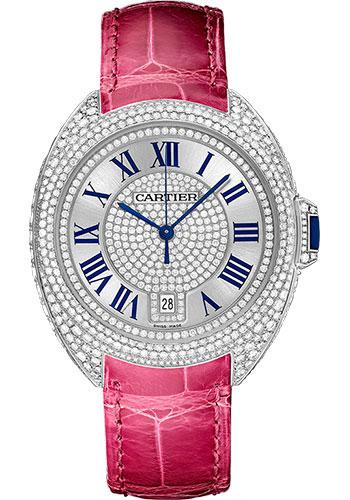 Cartier Cle De Diamond Paved Cartier Watch - 40 mm White Gold Diamond Case - Diamond Bezel - Silver Dial - Fuchsia Pink Alligator Strap - WJCL0019 - Luxury Time NYC