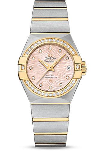 Omega Constellation Co-Axial Watch - 27 mm Steel Case - Diamond-Set Yellow Gold Bezel - Pink Mother-Of-Pearl Dial - 123.25.27.20.57.005 - Luxury Time NYC