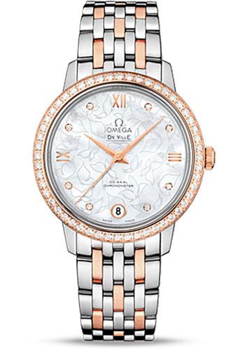 Omega De Ville Prestige Co-Axial Watch - 32.7 mm Steel Case - Diamond-Set Red Gold Bezel - Mother-Of-Pearl Dial - Red Gold-Steel Bracelet - 424.25.33.20.55.003 - Luxury Time NYC