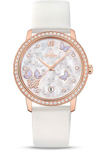 Omega De Ville Prestige Co-Axial Watch - 36.8 mm Red Gold Case - Diamond Bezel - Mother-Of-Pearl Diamond Dial - White Leather Strap - 424.57.37.20.55.003 - Luxury Time NYC