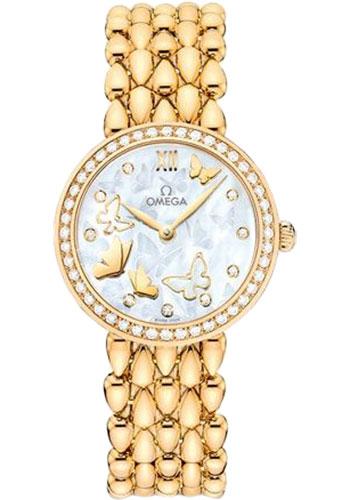 Omega De Ville Prestige Quartz Dewdrop Watch - 27.4 mm Yellow Gold Case - Delicate Diamond-Set Bezel - Red Gold Dial - 424.55.27.60.55.005 - Luxury Time NYC