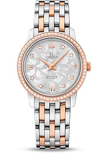 Omega De Ville Prestige Quartz Watch - 27.4 mm Steel And Red Gold Case - Diamond-Set Red Gold Bezel - Silver Diamond Dial - 424.25.27.60.52.001 - Luxury Time NYC