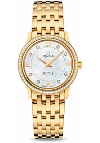 Omega De Ville Prestige Quartz Watch - 27.4 mm Yellow Gold Case - Diamond Bezel - Mother-Of-Pearl Diamond Dial - 424.55.27.60.55.001 - Luxury Time NYC