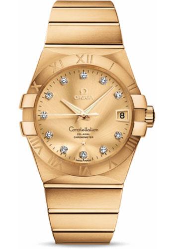 Omega Gents Constellation Chronometer Watch - 38 mm Brushed Yellow Gold Case - Champagne Diamond Dial - 123.50.38.21.58.001 - Luxury Time NYC