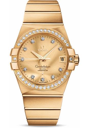 Omega Gents Constellation Chronometer Watch - 38 mm Brushed Yellow Gold Case - Diamond Bezel - Champagne Diamond Dial - 123.55.38.21.58.001 - Luxury Time NYC