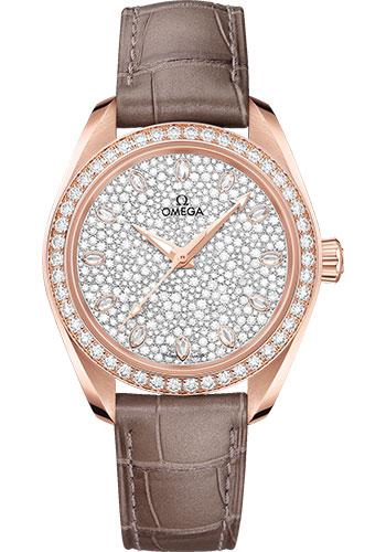 Omega Seamaster Aqua Terra 150M Co-Axial Master Chronometer Watch - 34 mm Sedna Gold Case - Diamond-Set Bezel - Radiant Diamond Dial - Taupe-Brown Leather Strap - 220.58.34.20.99.003 - Luxury Time NYC