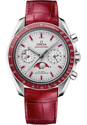 Omega Speedmaster Moonwatch Omega Co-Axial Master Chronometer Moonphase Chronograph - 44.25 mm Platinum Case - Platinum-Gold Dial - Red Leather Strap - 304.93.44.52.99.002 - Luxury Time NYC