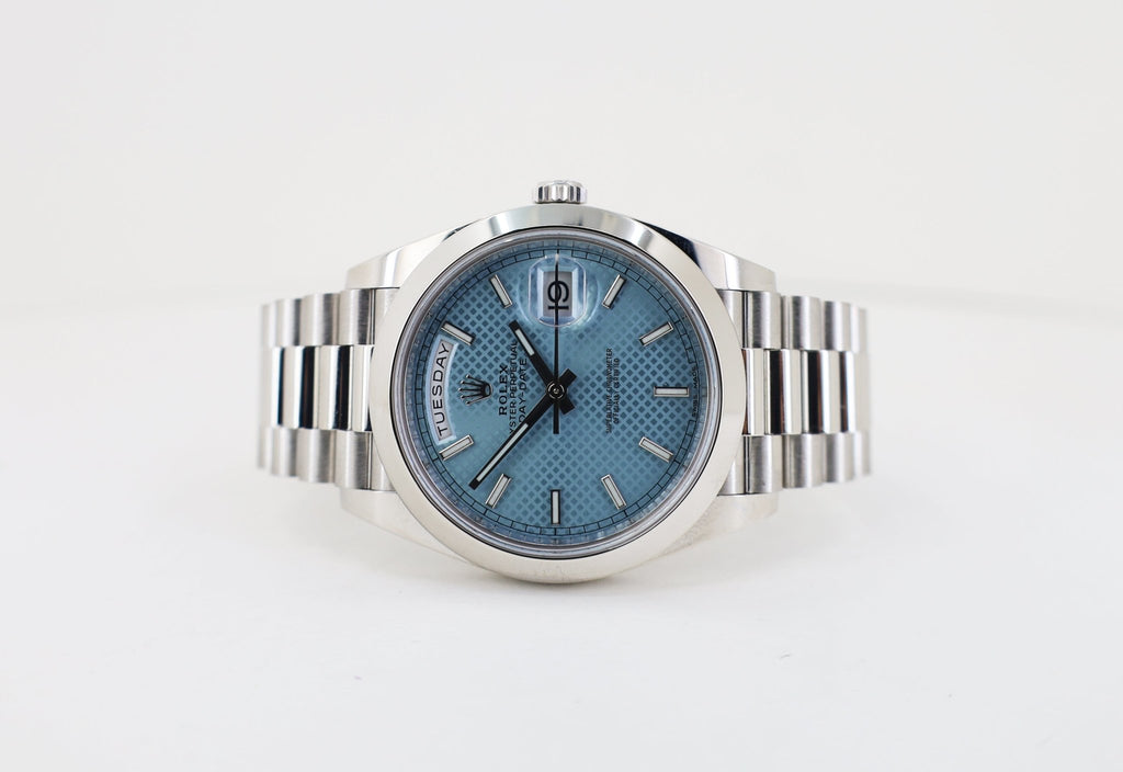 Rolex 950 Platinum Day-Date 40 Watch - Smooth Bezel - Ice Blue Diagonal Motif Index Dial - President Bracelet - 228206 ibdmip - Luxury Time NYC
