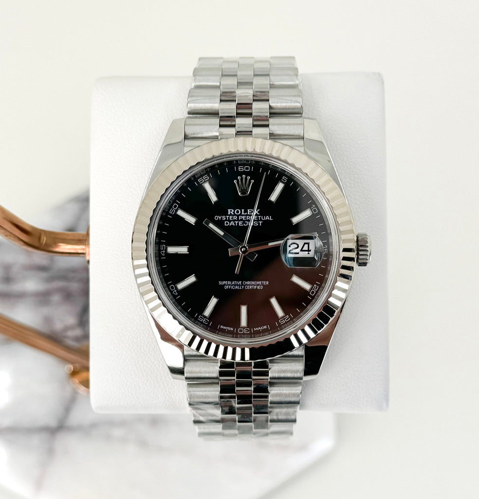 Rolex Datejust 41 White Gold/Steel Black Index Dial Fluted Bezel Jubilee Bracelet 126334 - Luxury Time NYC