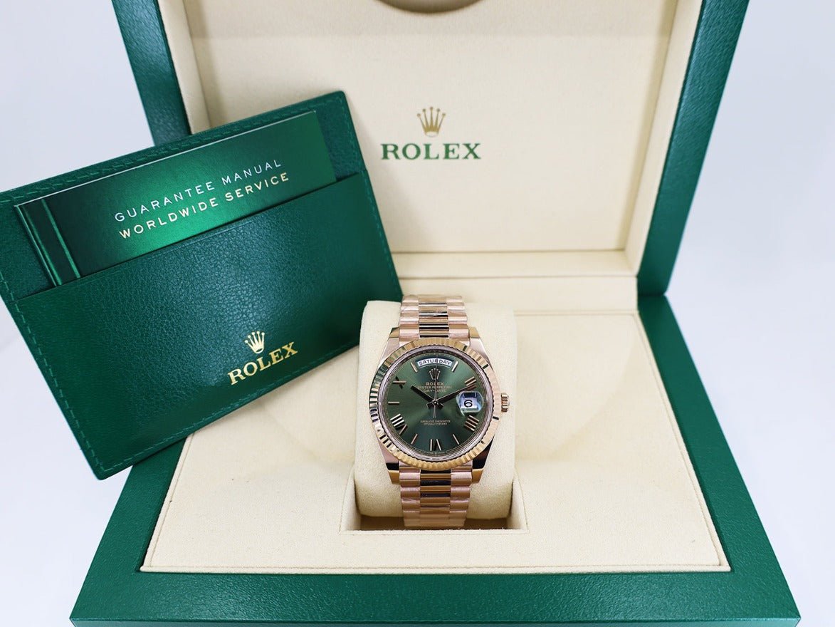 Rolex Day-Date 40 President Rose Gold Olive Green Roman Dial