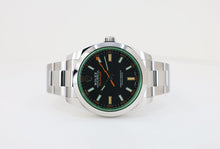 Load image into Gallery viewer, Rolex Milgauss Green Crystal Stainless Steel Black Dial Smooth Bezel Oyster Bracelet 116400GV - Luxury Time NYC
