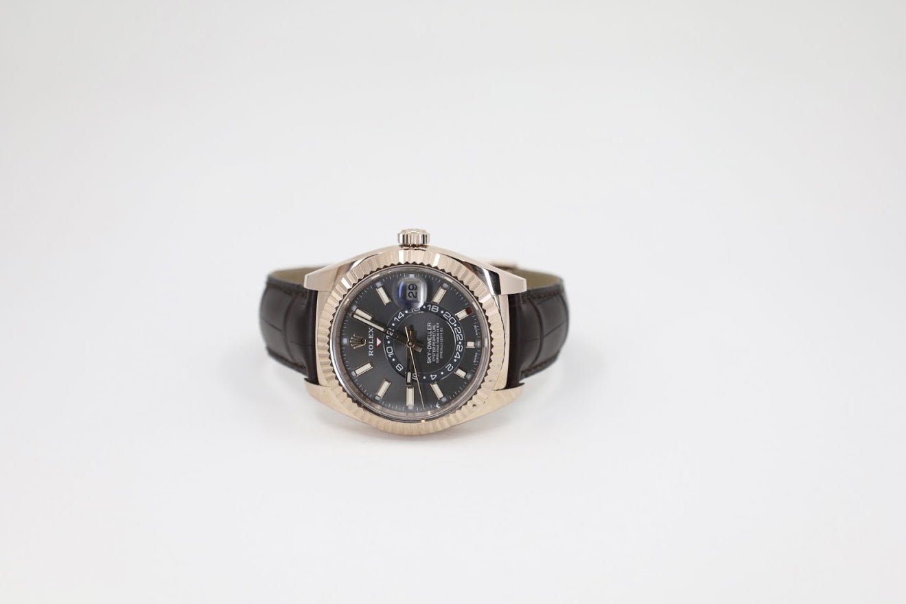 Rolex Sky-Dweller Rose Gold Dark Rhodium Index Dial Fluted Bezel Leather Strap 326135 - Luxury Time NYC
