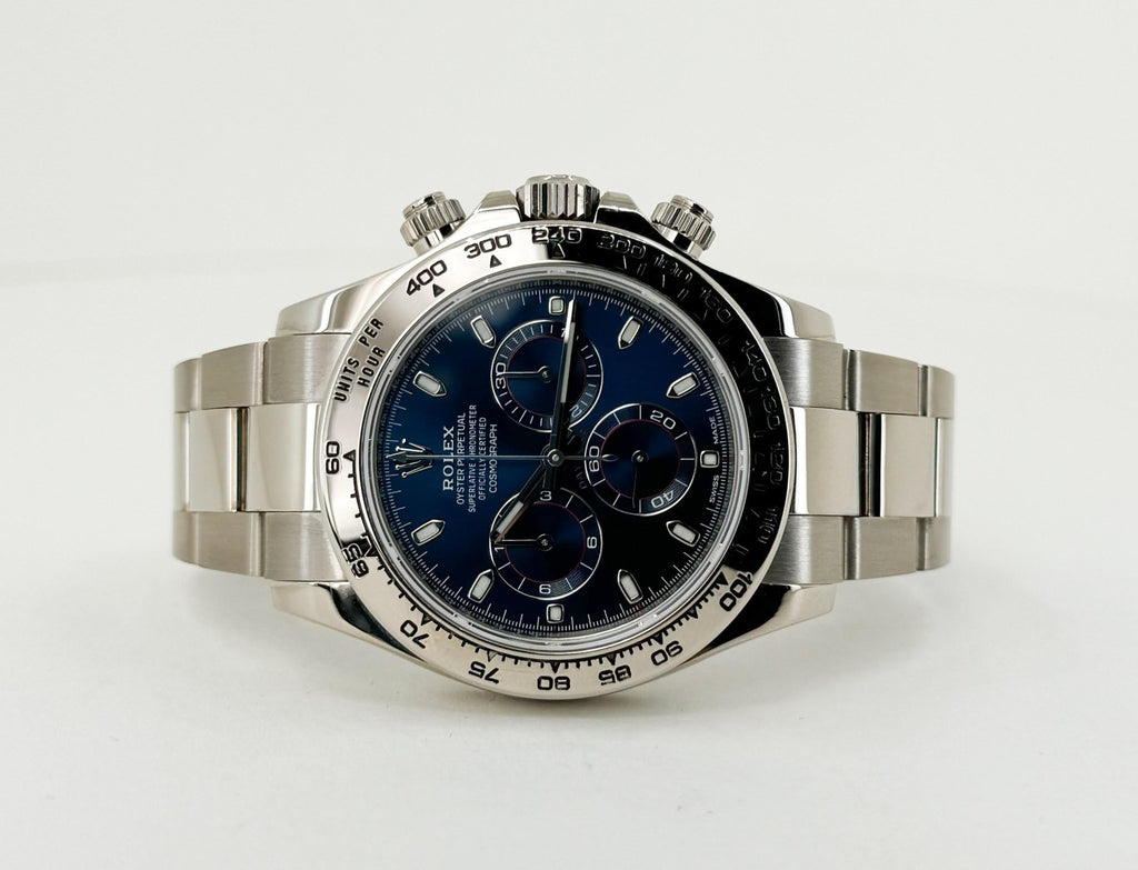 Rolex White Gold Cosmograph Daytona 40 Watch - Blue Index Dial - 116509 bli - Luxury Time NYC