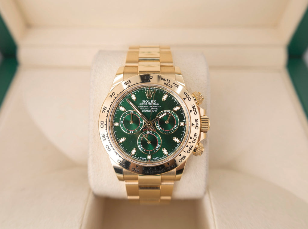 Rolex Yellow Gold Cosmograph Daytona 40 Watch - Green Stick Dial - 116508 gri - Luxury Time NYC