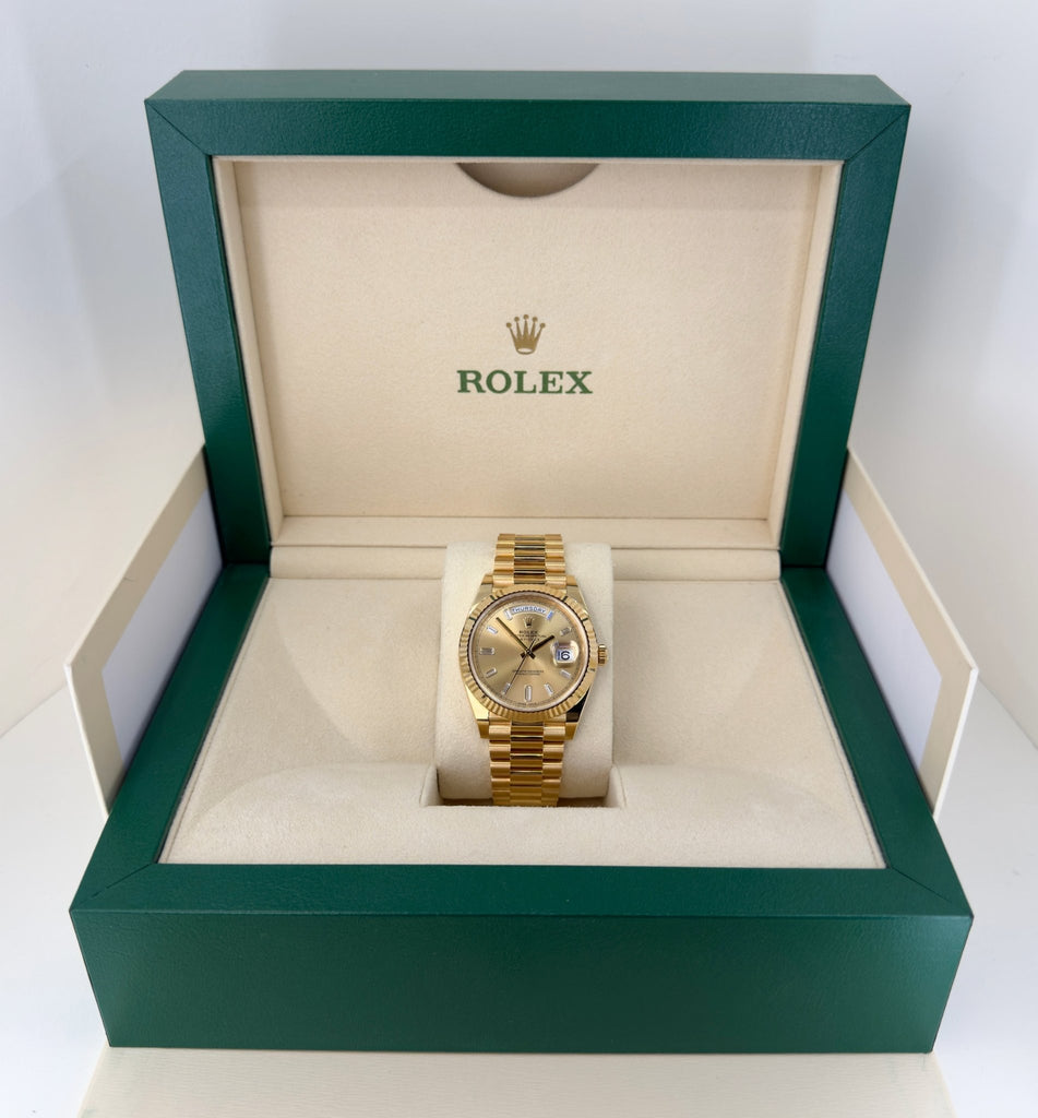 Rolex Yellow Gold Day-Date 40 Watch - Fluted Bezel - Champagne Baguette Diamond Dial - President Bracelet - 228238 chbdp - Luxury Time NYC