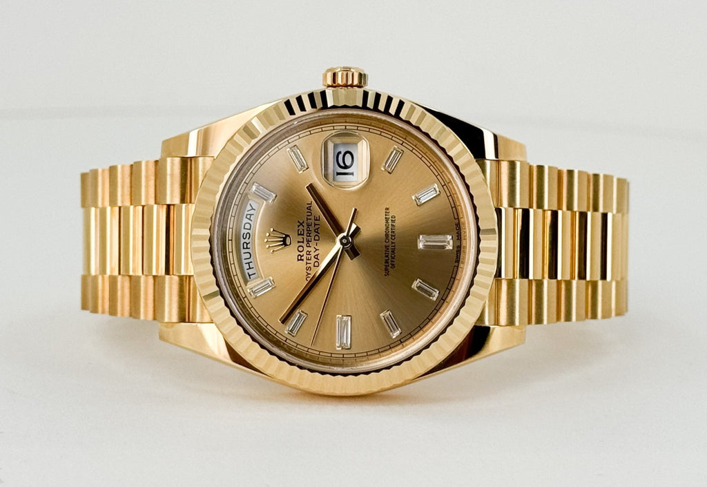Rolex Yellow Gold Day-Date 40 Watch - Fluted Bezel - Champagne Baguette Diamond Dial - President Bracelet - 228238 chbdp - Luxury Time NYC
