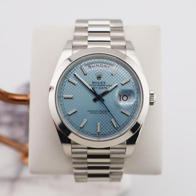 Rolex Day-Date 40 Platinum Ice Blue Diagonal Motif Dial & Smooth Bezel President Bracelet 228206 -