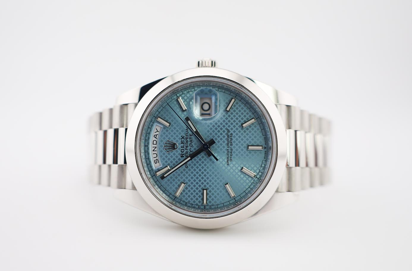 Rolex Day-Date 40 Platinum Ice Blue Diagonal Motif Dial & Smooth Bezel President Bracelet 228206 -