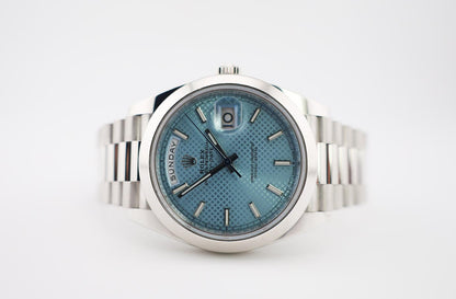 Rolex Day-Date 40 Platinum Ice Blue Diagonal Motif Dial & Smooth Bezel President Bracelet 228206 -