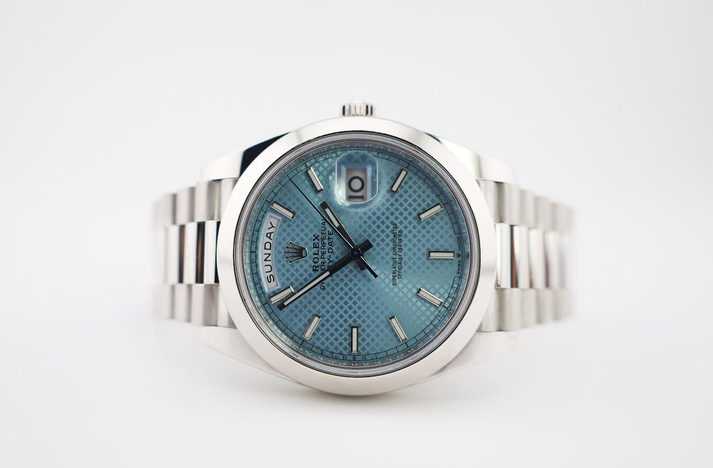 Rolex Day-Date 40 Platinum Ice Blue Diagonal Motif Dial & Smooth Bezel President Bracelet 228206 -