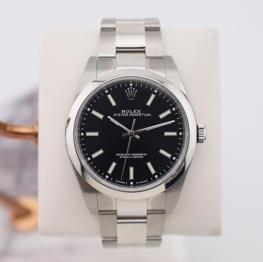 Rolex Steel Oyster Perpetual 39 Watch - Domed Bezel - Black Index Dial - 114300