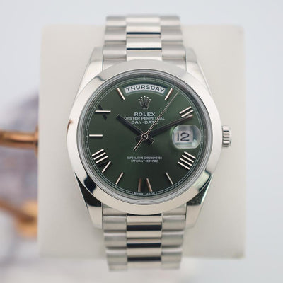 Rolex Day-Date 40 Platinum Olive Green Roman Dial & Smooth Bezel President Bracelet 228206 -