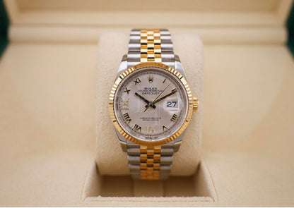 Rolex Datejust 36 Yellow Gold/Steel Silver Roman Diamond VI Dial & Fluted Bezel Jubilee Bracelet 126233
