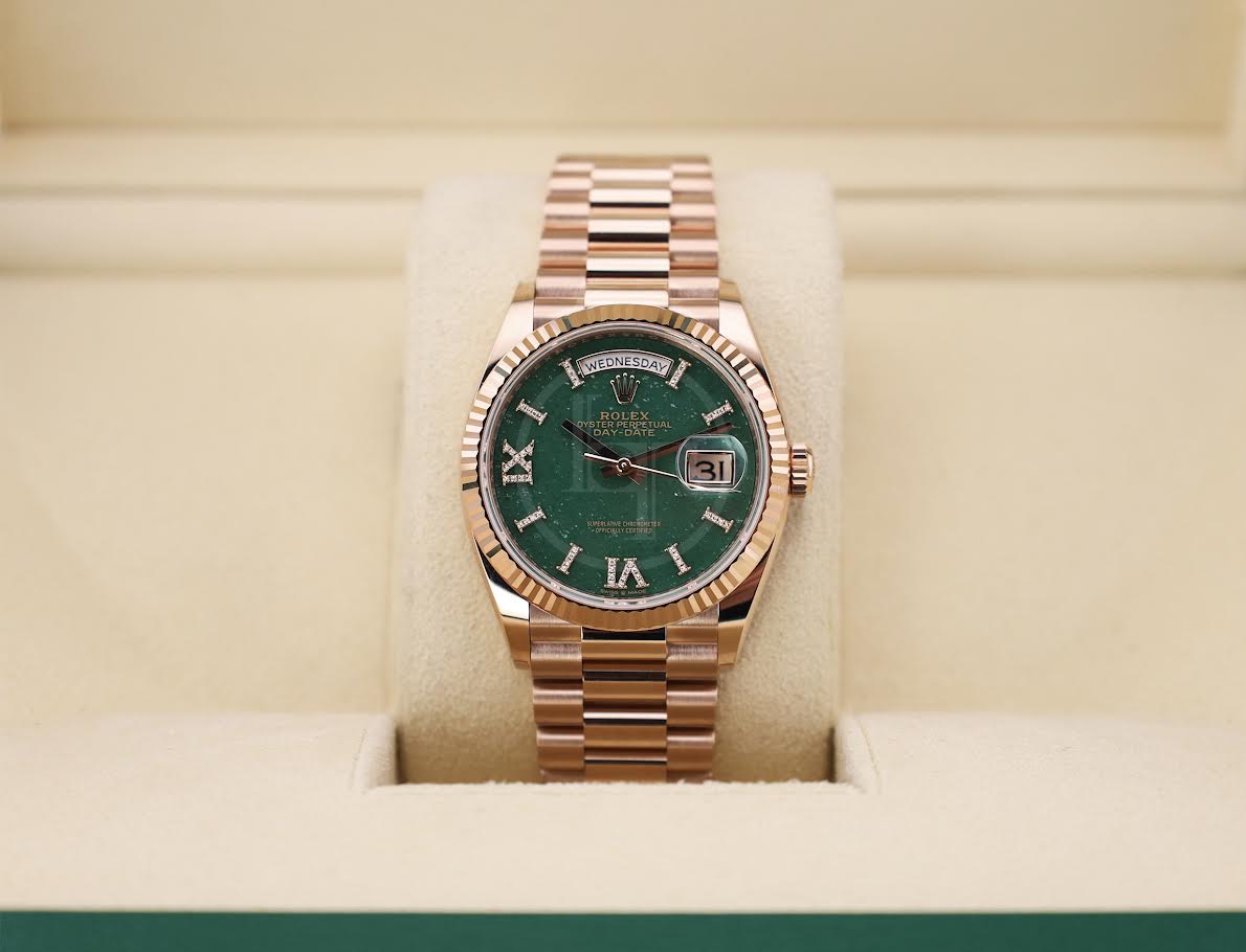 Rolex Day-Date 36 mm President Rose Gold Green Aventurine Diamond Dial Fluted Bezel - 128235
