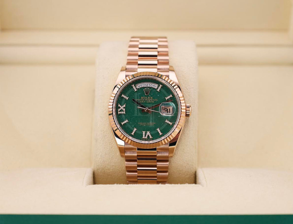 Rolex Day-Date 36 mm President Rose Gold Green Aventurine Diamond Dial Fluted Bezel - 128235