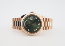 Load image into Gallery viewer, Rolex Day-Date 40 Rose Gold Olive Green Roman Dial &amp; Fluted Bezel President Bracelet 228235 -