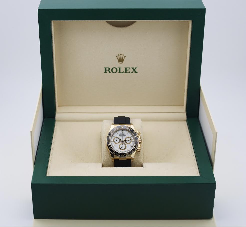 Rolex Yellow Gold Cosmograph Daytona Watch - Black Cerachrom Bezel - White Index Dial - Oysterflex Strap - 126518ln wiof
