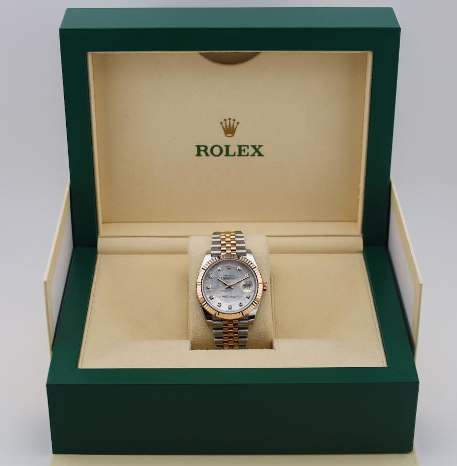 Rolex Datejust 41 Rose Gold/Steel White Mother of Pearl Diamond Dial Fluted Bezel Jubilee Bracelet 126331 -