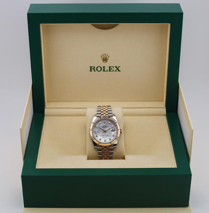 Rolex Datejust 41 Rose Gold/Steel White Mother of Pearl Diamond Dial Fluted Bezel Jubilee Bracelet 126331 -